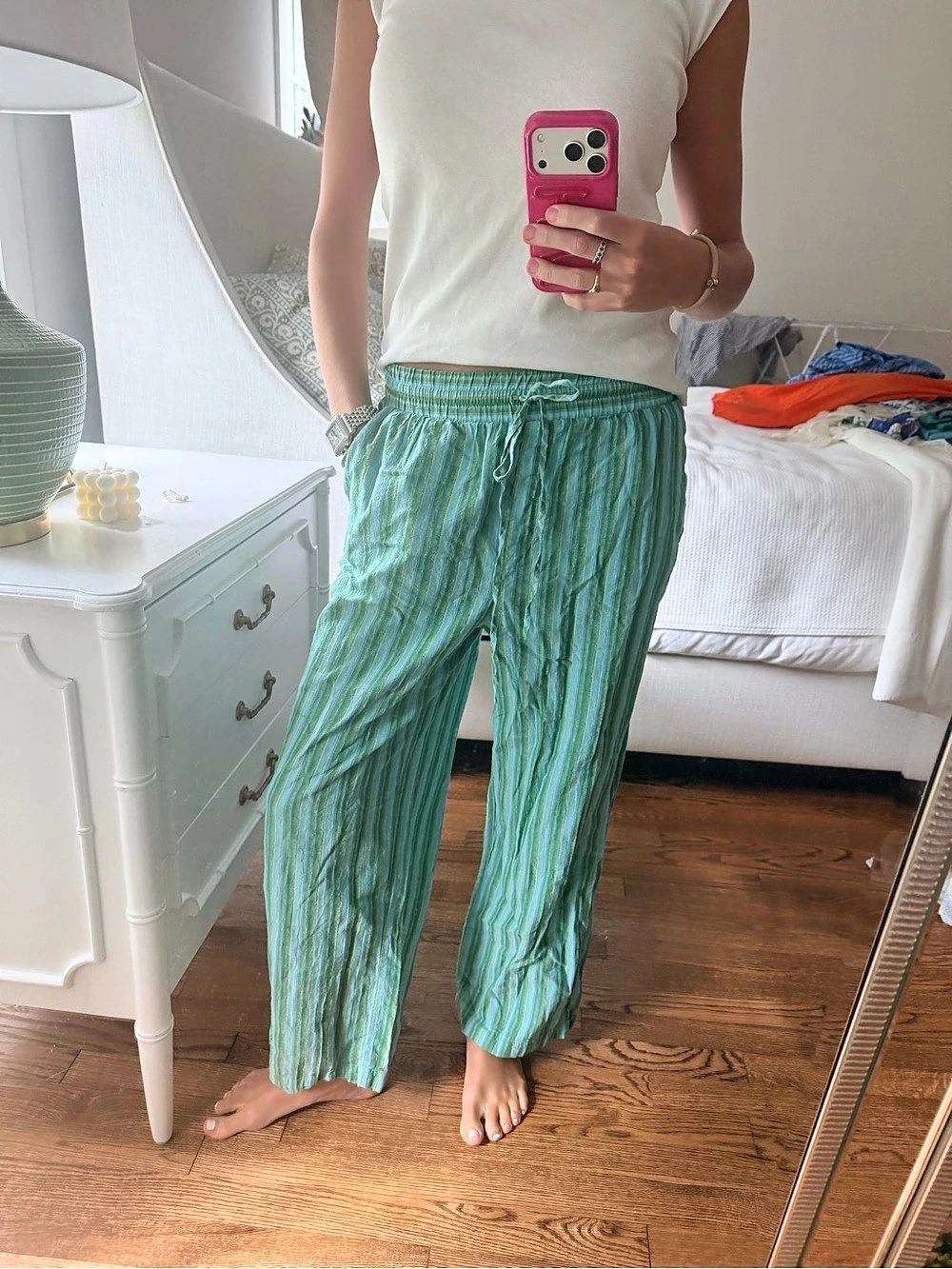Mango Striped Wide Leg Pants Green & Blue Medium Like New